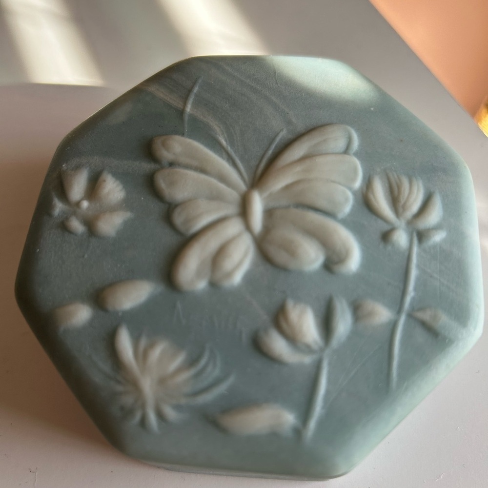 Vintage 70s Robert Nemith Butterfly Incolay Stone Trinket Jewelry Box 1974 Blue